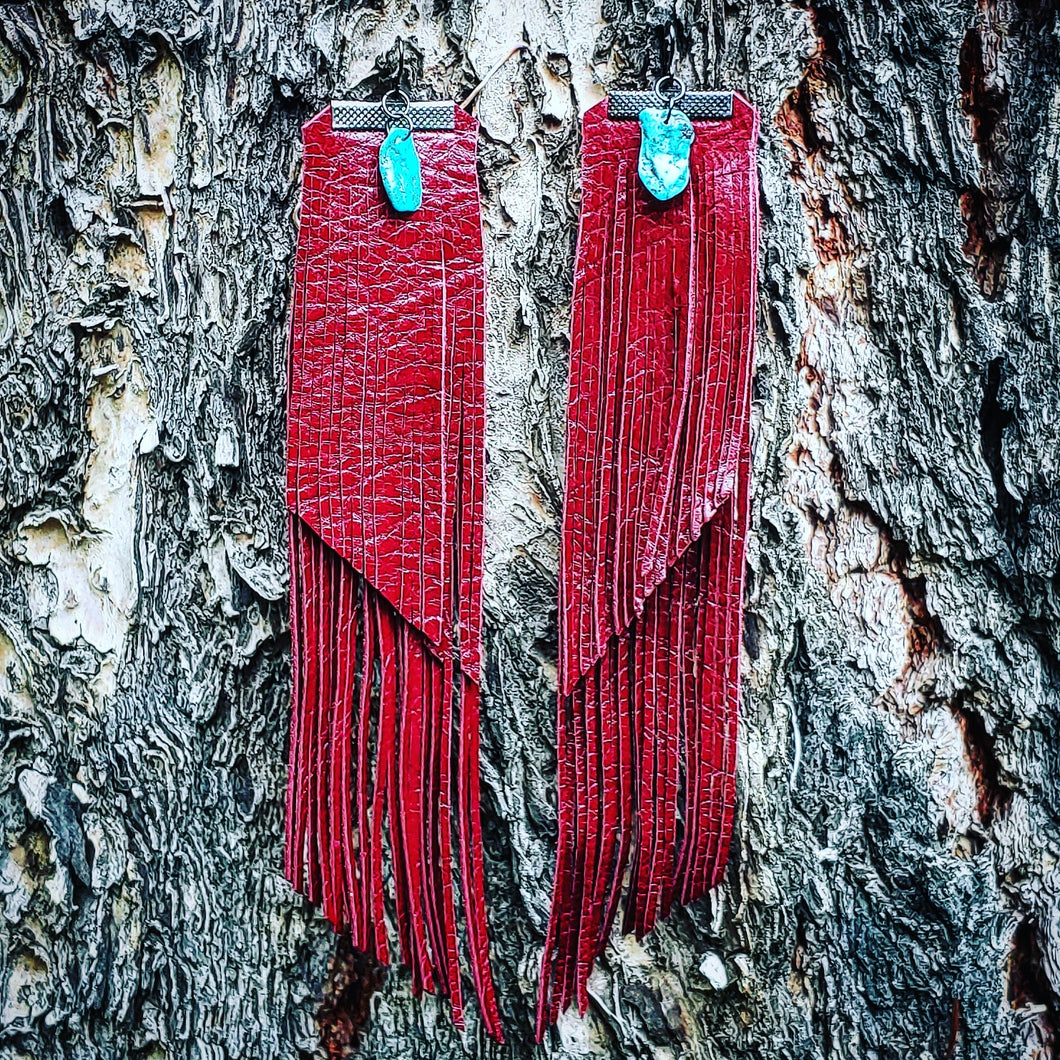 Patent leather red fringe earrings