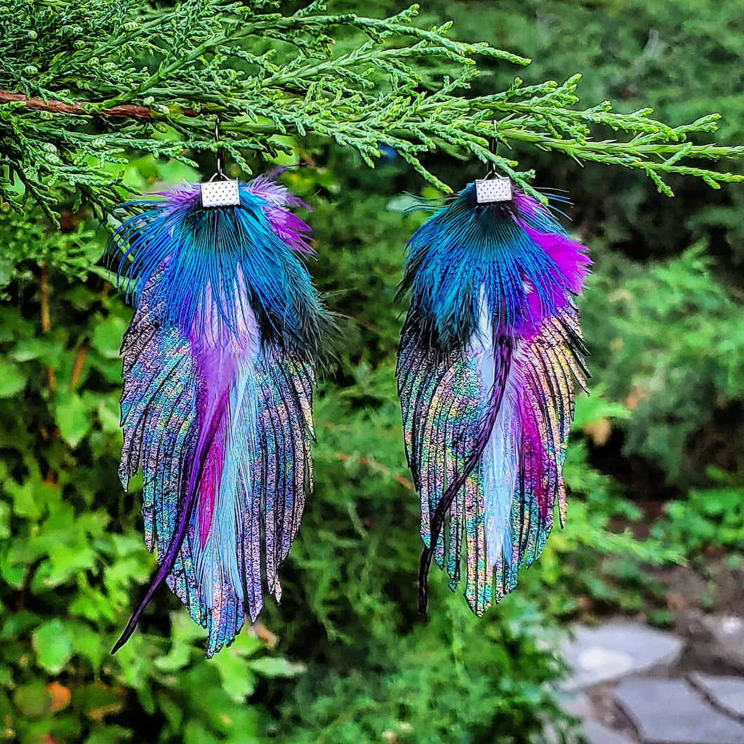 Galaxy feather leather earrings