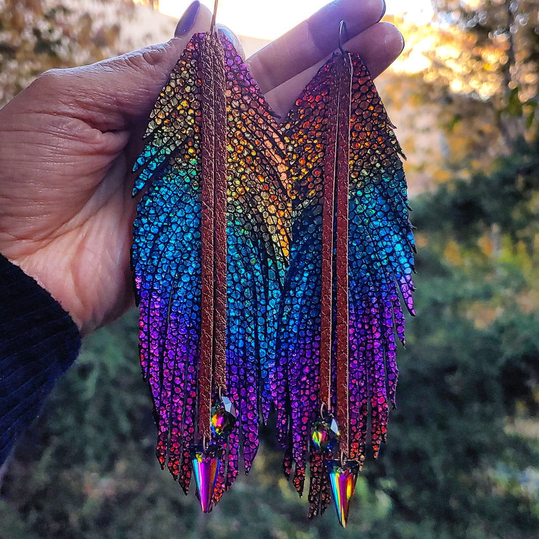 Metallic rainbow feather earrings