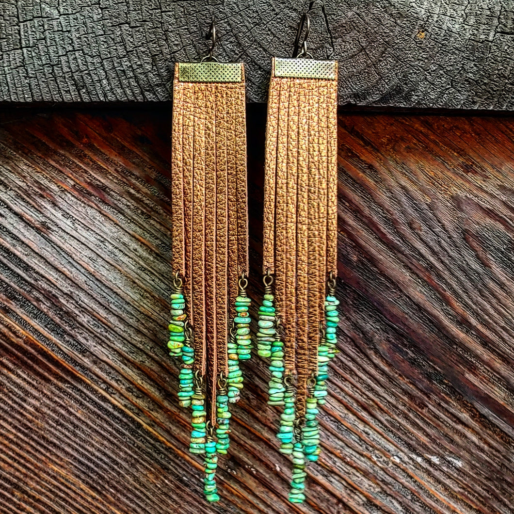 Bronze Metallic fringe with green turquoise chips