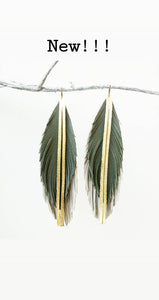 Army green/putty feather leather earrings