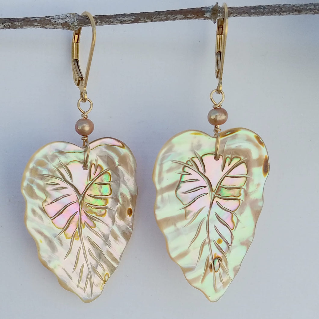 Heart shaped mother of pearl leaf earring