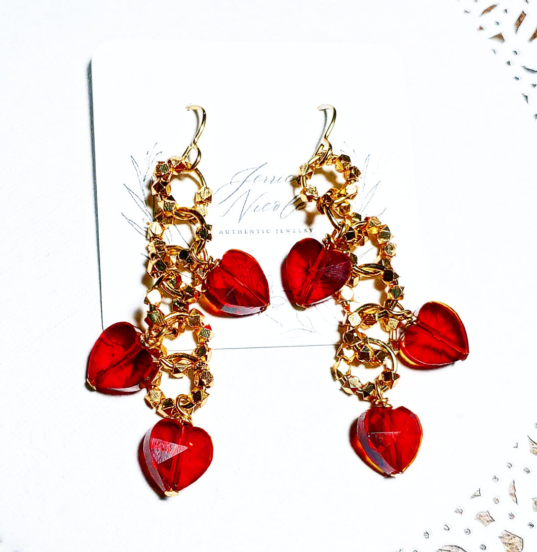 Cascading red heart earrings