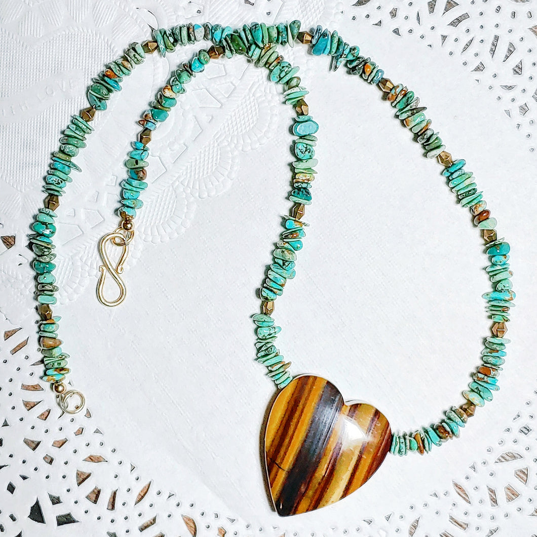 Tiger Iron heart pendant turquoise necklace