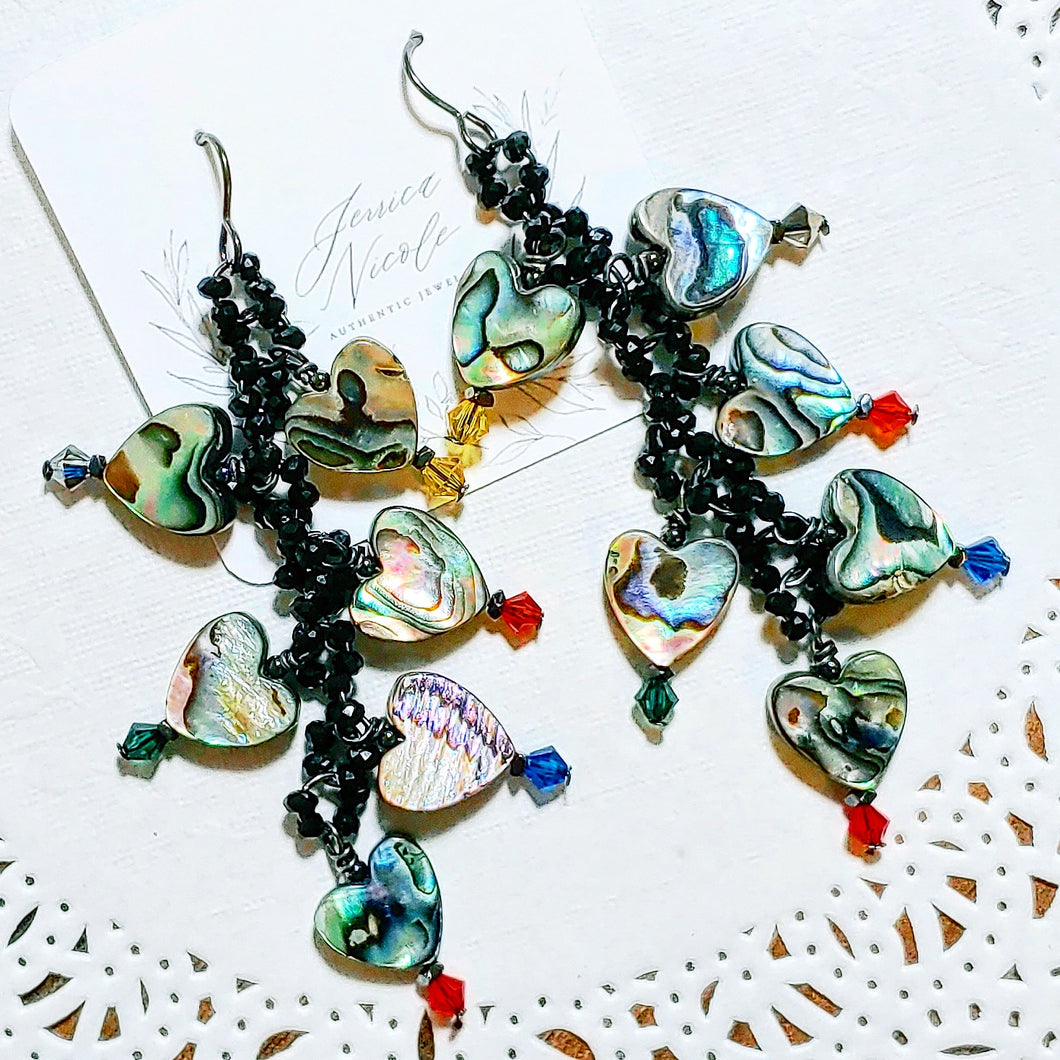 Abalone heart chandelier earrings