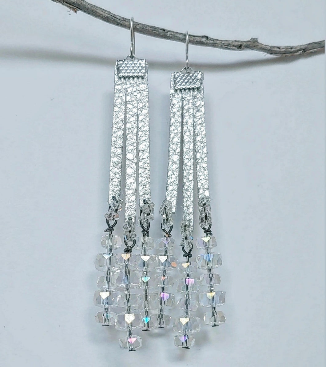 Metallic silver fringe crystal earrings