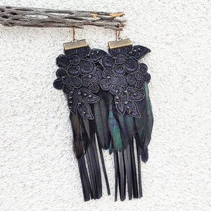 Black rooster feather earrings