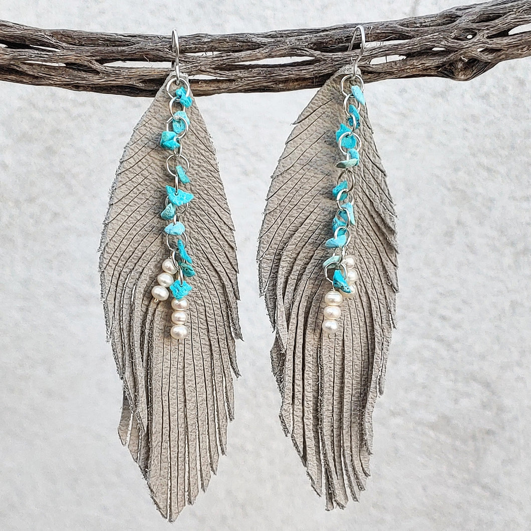 Grey turquoise and pearl feathers