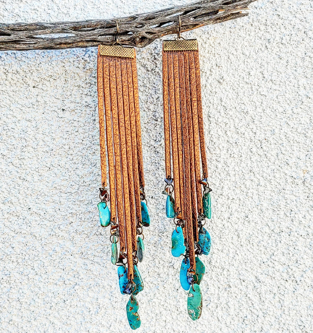 Metallic bronze fringe turquoise earrings