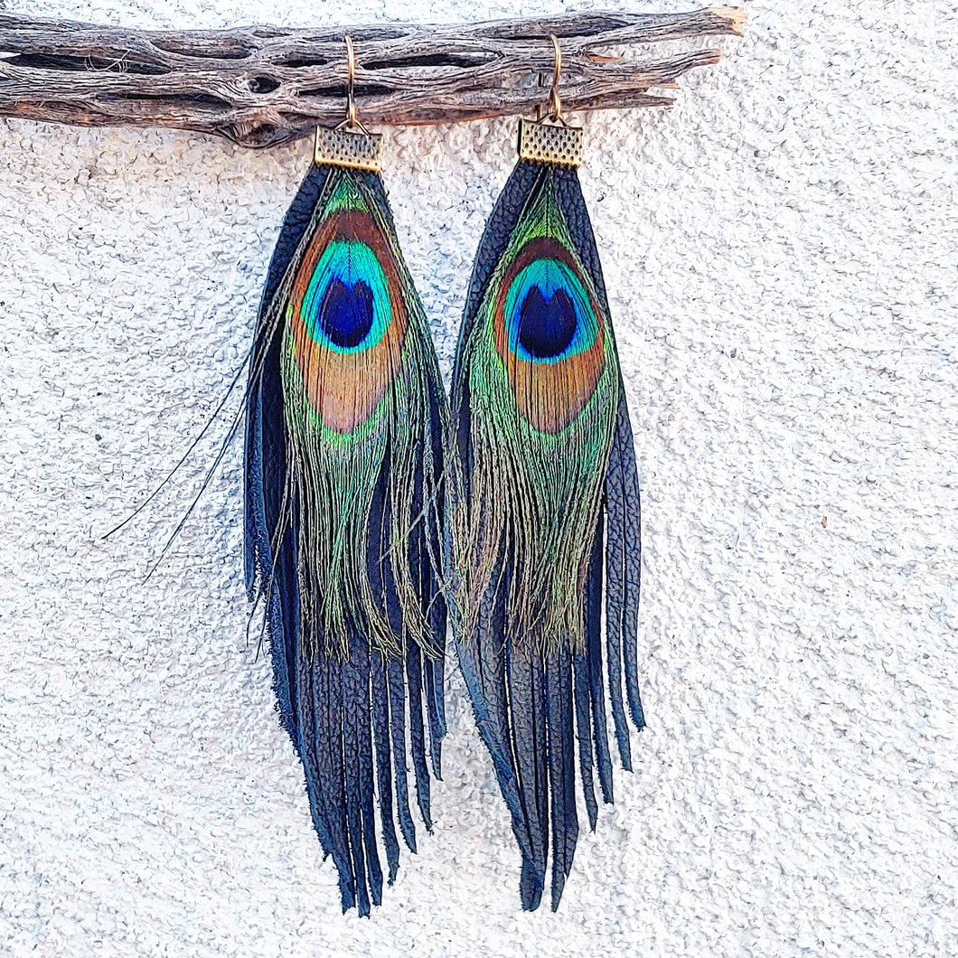 Black peacock feather earrings