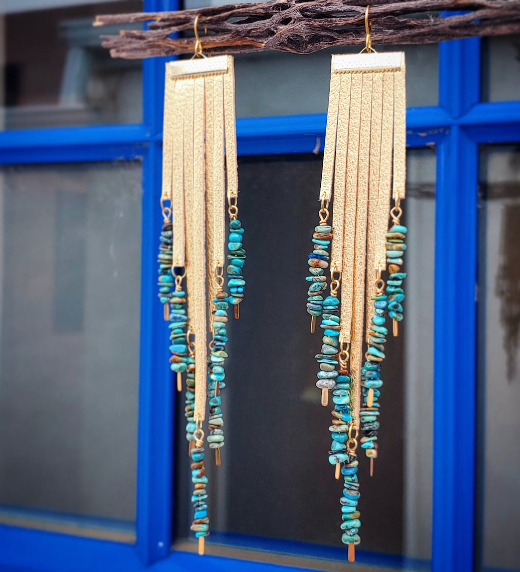 Metallic gold fringe turquoise earrings