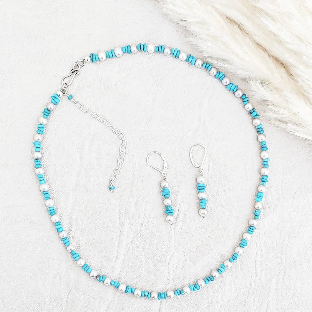 Classic turquoise and pearl necklace and earring set