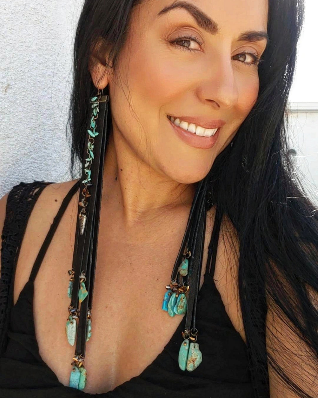 Black fringe and turquoise statement earrings