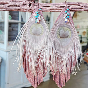Pink and brown peacock feather earrings