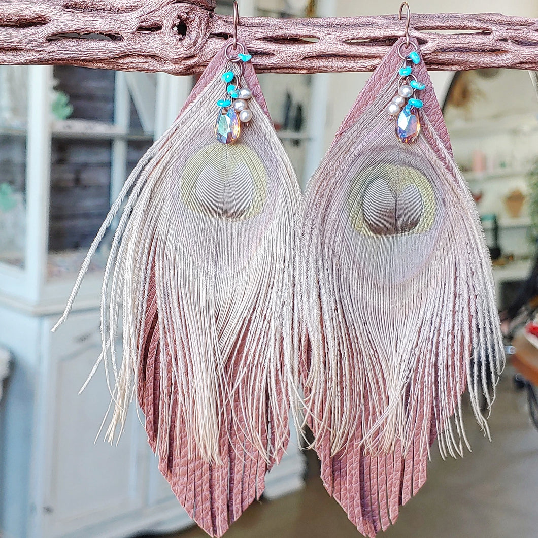 Pink and brown peacock feather earrings