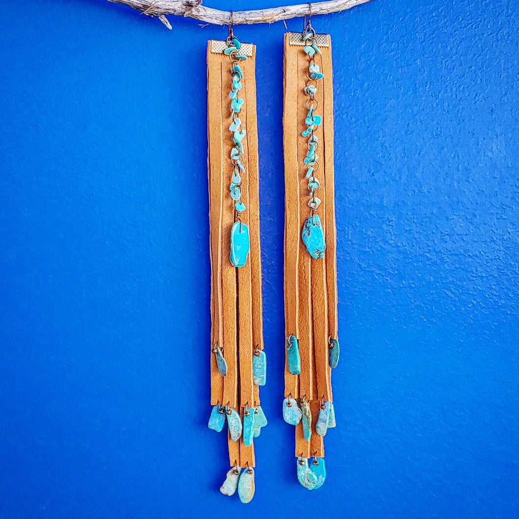 Camel deer tan fringe and turquoise statement earrings